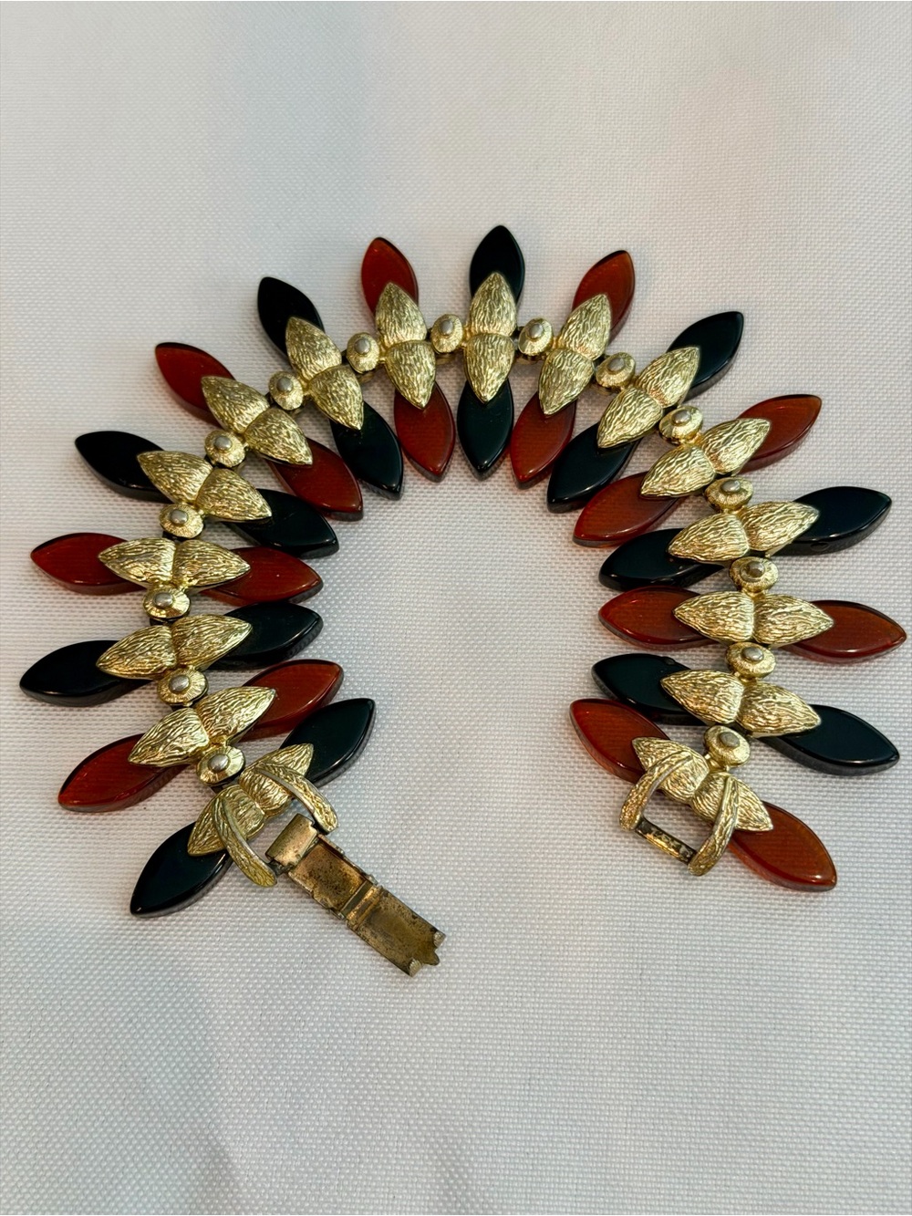 Gold Tone Cora Vintage Bracelet w/Brown & Black Lucite Marquise Stones f 1950’s